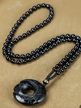 Black Beaded Donut Pendant Necklace -A LUCKY CHARM!